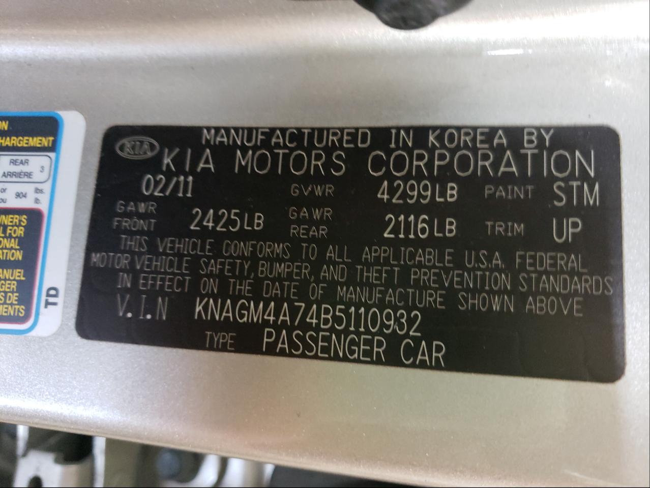 Photo 10 from auction – 2011 KIA OPTIMA LX with VIN KNAGM4A74B5110932