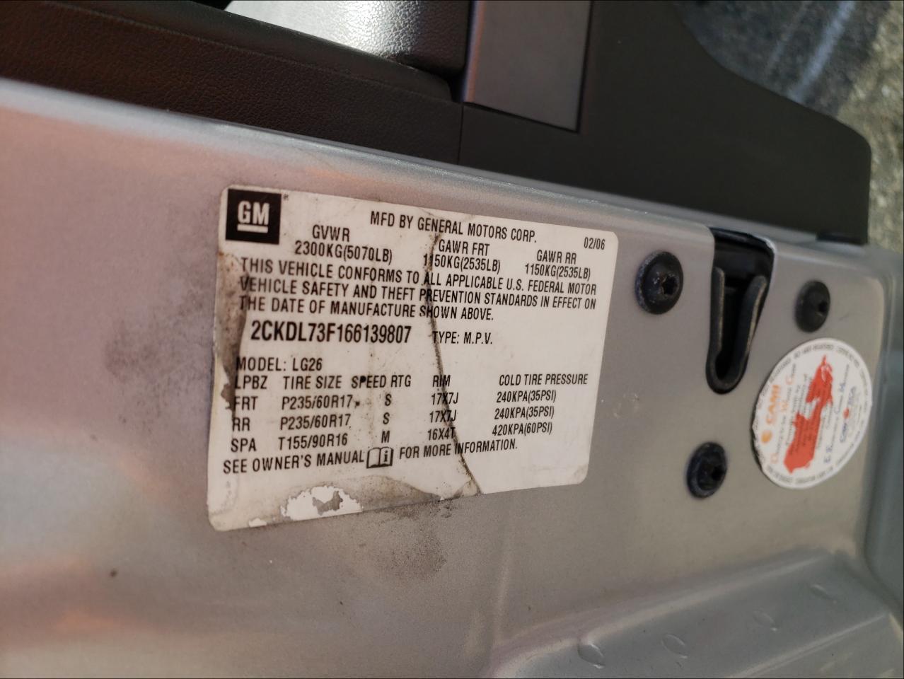 Photo 10 from auction – 2006 PONTIAC TORRENT with VIN 2CKDL73F166139807