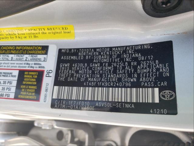 Photo 10 from auction – 2012 TOYOTA CAMRY BASE with VIN 4T4BF1FK9CR240796
