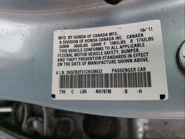 Photo 10 from auction – 2012 HONDA CIVIC LX with VIN 2HGFB2F51CH528652