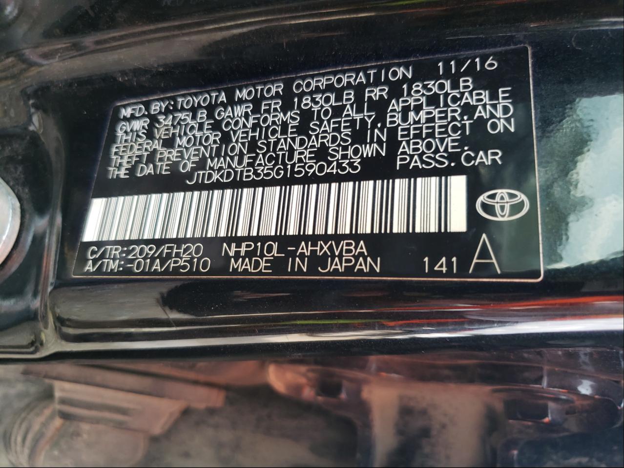 Photo 10 from auction – 2016 TOYOTA PRIUS C with VIN JTDKDTB35G1590433