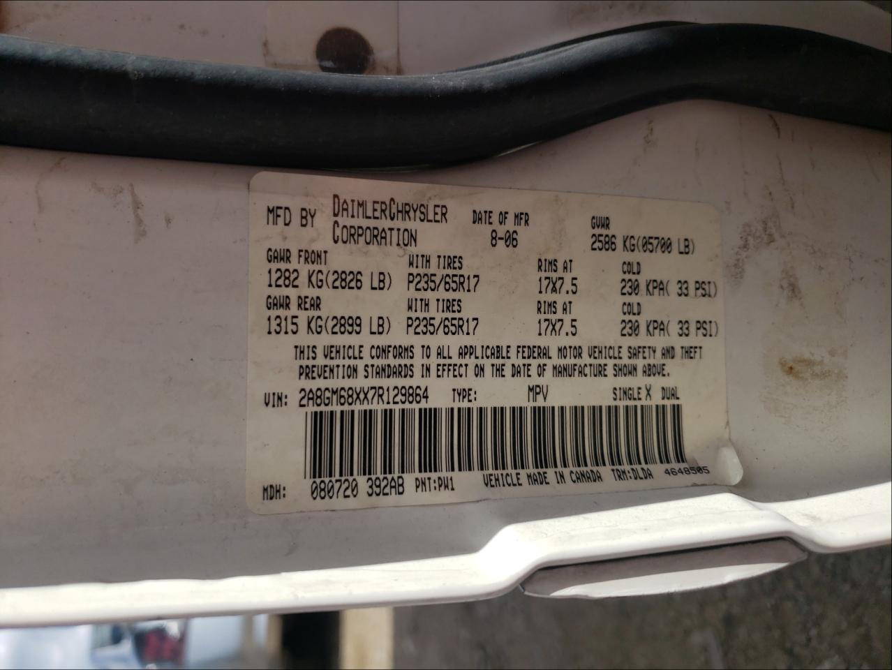 Photo 10 from auction – 2007 CHRYSLER PACIFICA T with VIN 2A8GM68XX7R129864