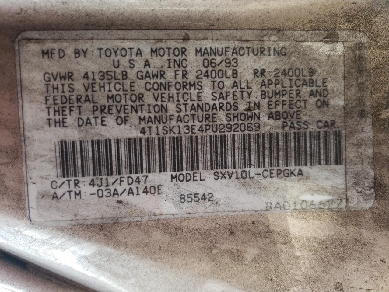 Photo 10 from auction – 1993 TOYOTA CAMRY/LE/X with VIN 4T1SK12E4PU302035