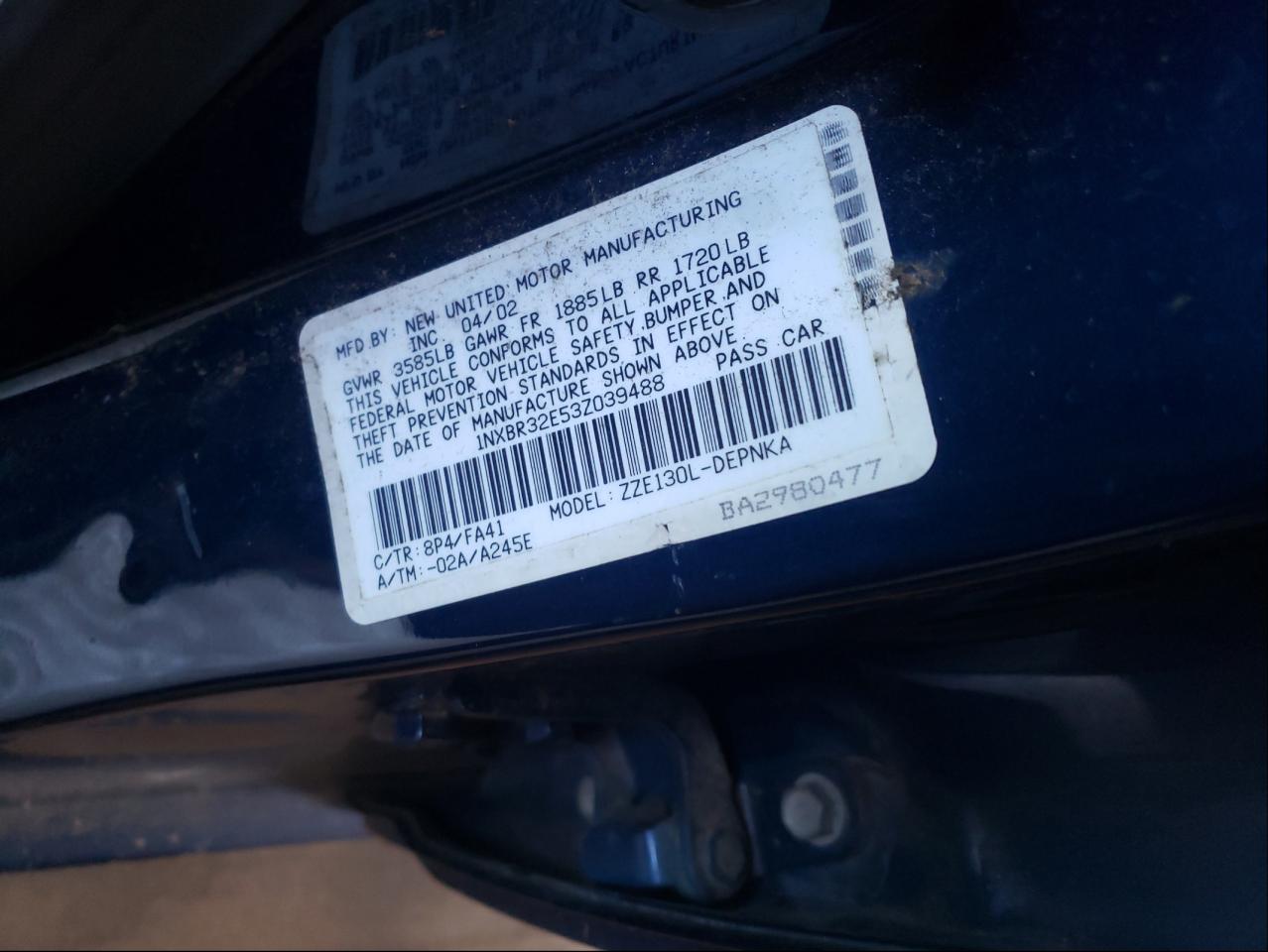Photo 10 from auction – 2003 TOYOTA COROLLA CE with VIN 1NXBR32E53Z039488