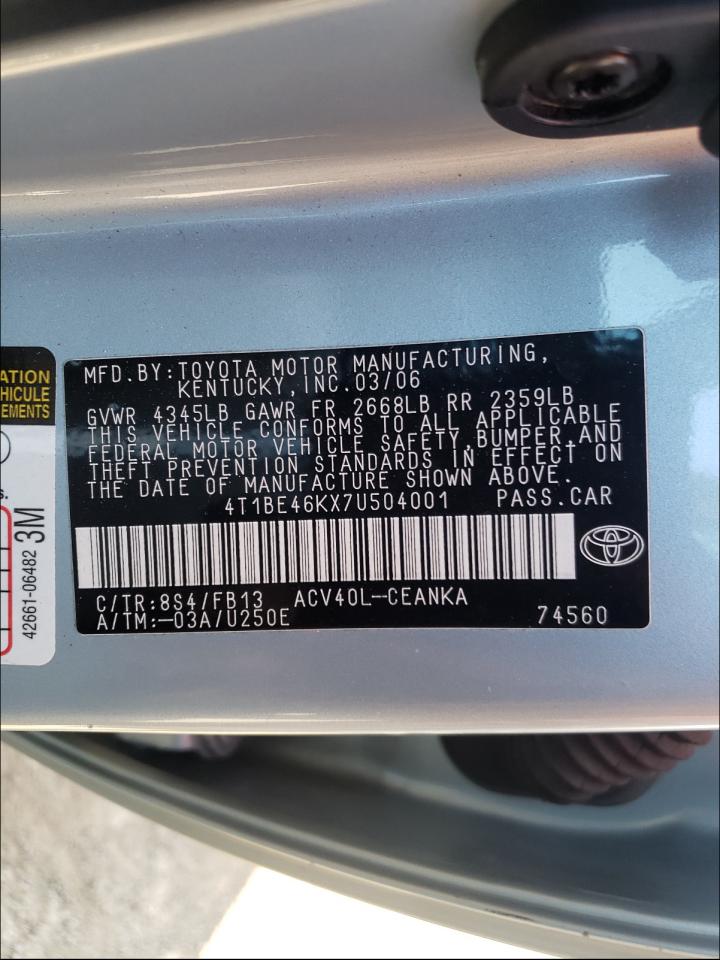 Photo 10 from auction – 2007 TOYOTA CAMRY with VIN 4T1BE46KX7U504001