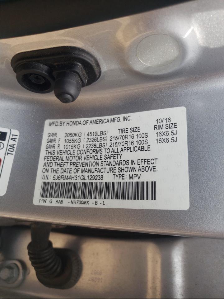 Photo 10 from auction – 2016 HONDA CR-V LX with VIN 5J6RM4H31GL129238