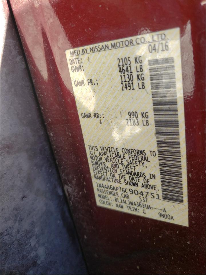 Photo 10 from auction – 2016 NISSAN MAXIMA 3.5 with VIN 1N4AA6AP7GC904751