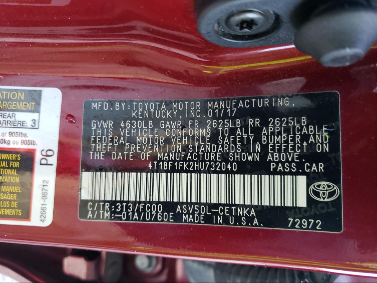 Photo 10 from auction – 2017 TOYOTA CAMRY LE with VIN 4T1BF1FK2HU732040