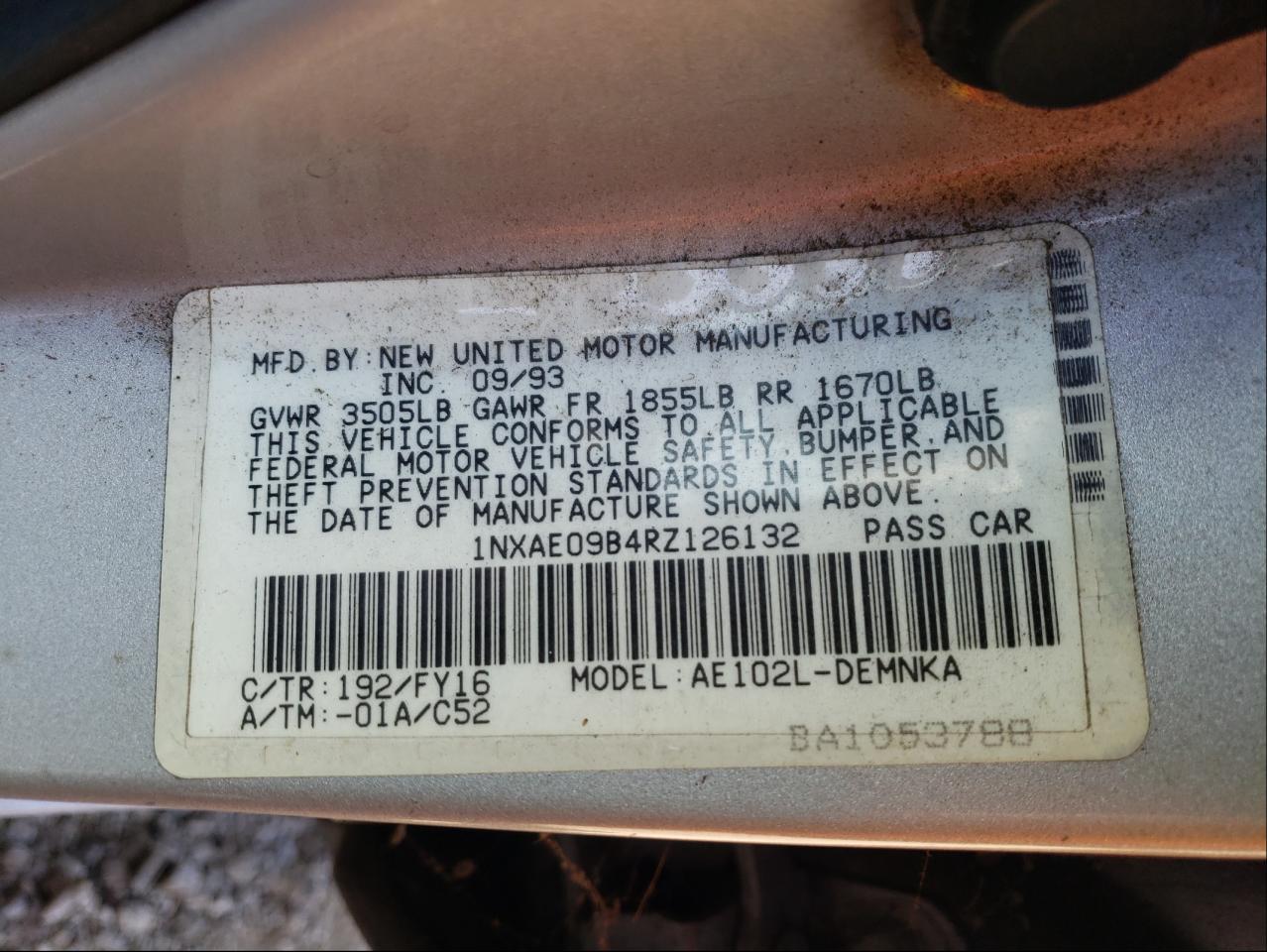 Photo 10 from auction – 1994 TOYOTA COROLLA LE with VIN 1NXAE09B4RZ126132