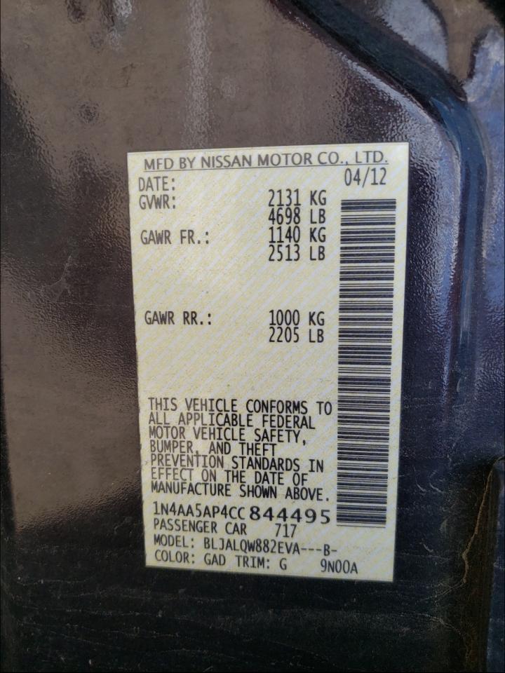 Photo 10 from auction – 2012 NISSAN MAXIMA S with VIN 1N4AA5AP4CC844495