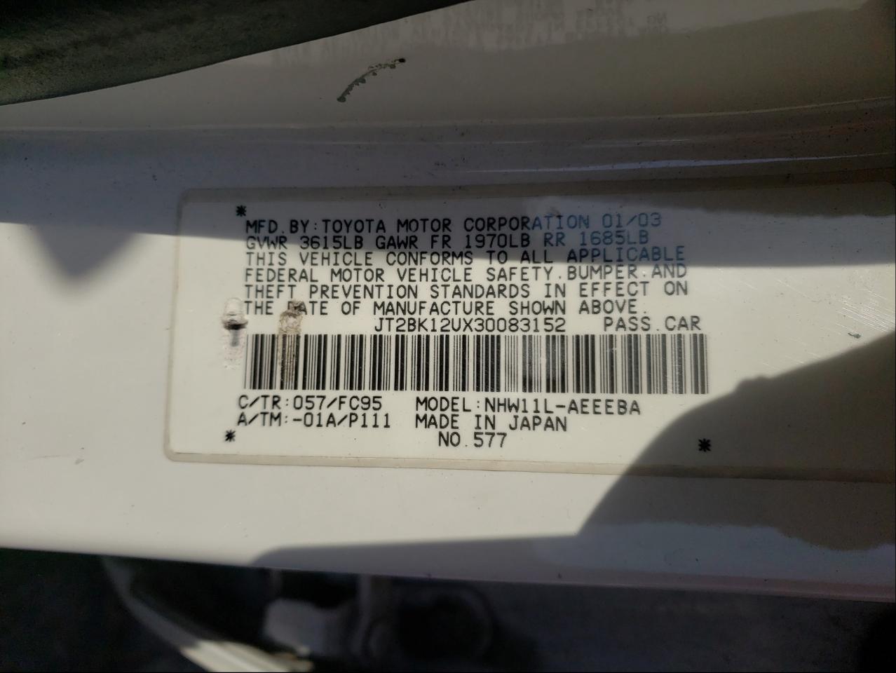 Photo 10 from auction – 2003 TOYOTA PRIUS with VIN JT2BK12UX30083152