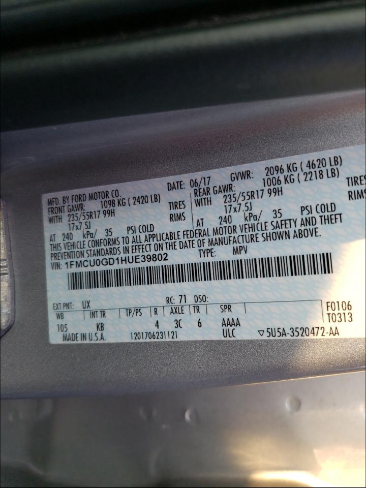 Photo 10 from auction – 2017 FORD ESCAPE SE with VIN 1FMCU0GD1HUE39802