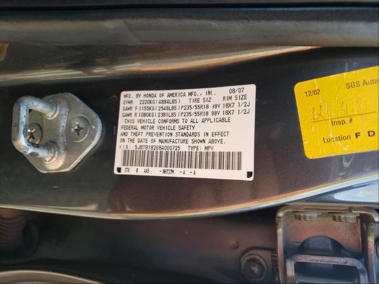 Photo 10 from auction – 2008 ACURA RDX with VIN 5J8TB18268A000725