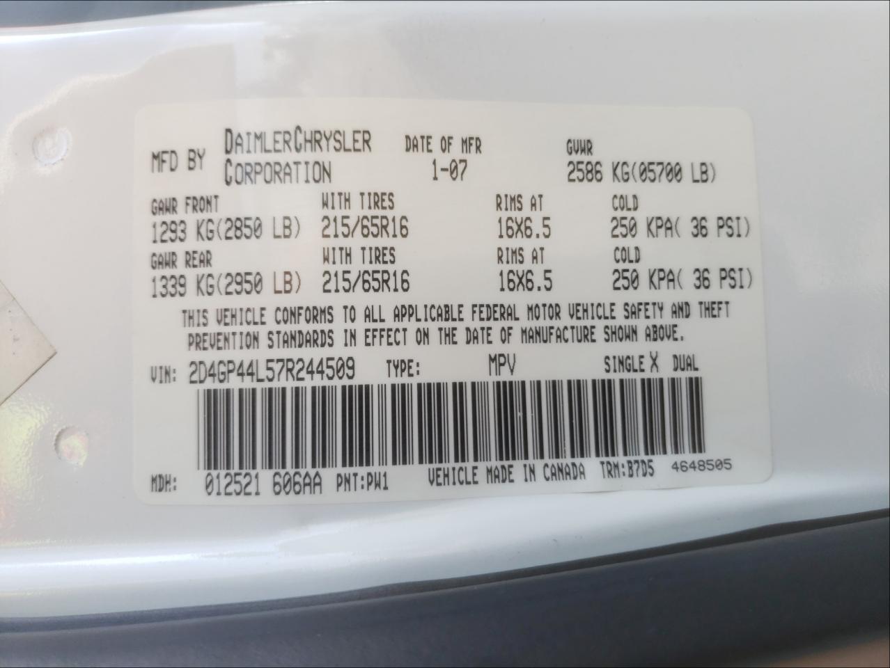 Photo 10 from auction – 2007 DODGE GRAND CARA with VIN 2D4GP44L57R244509