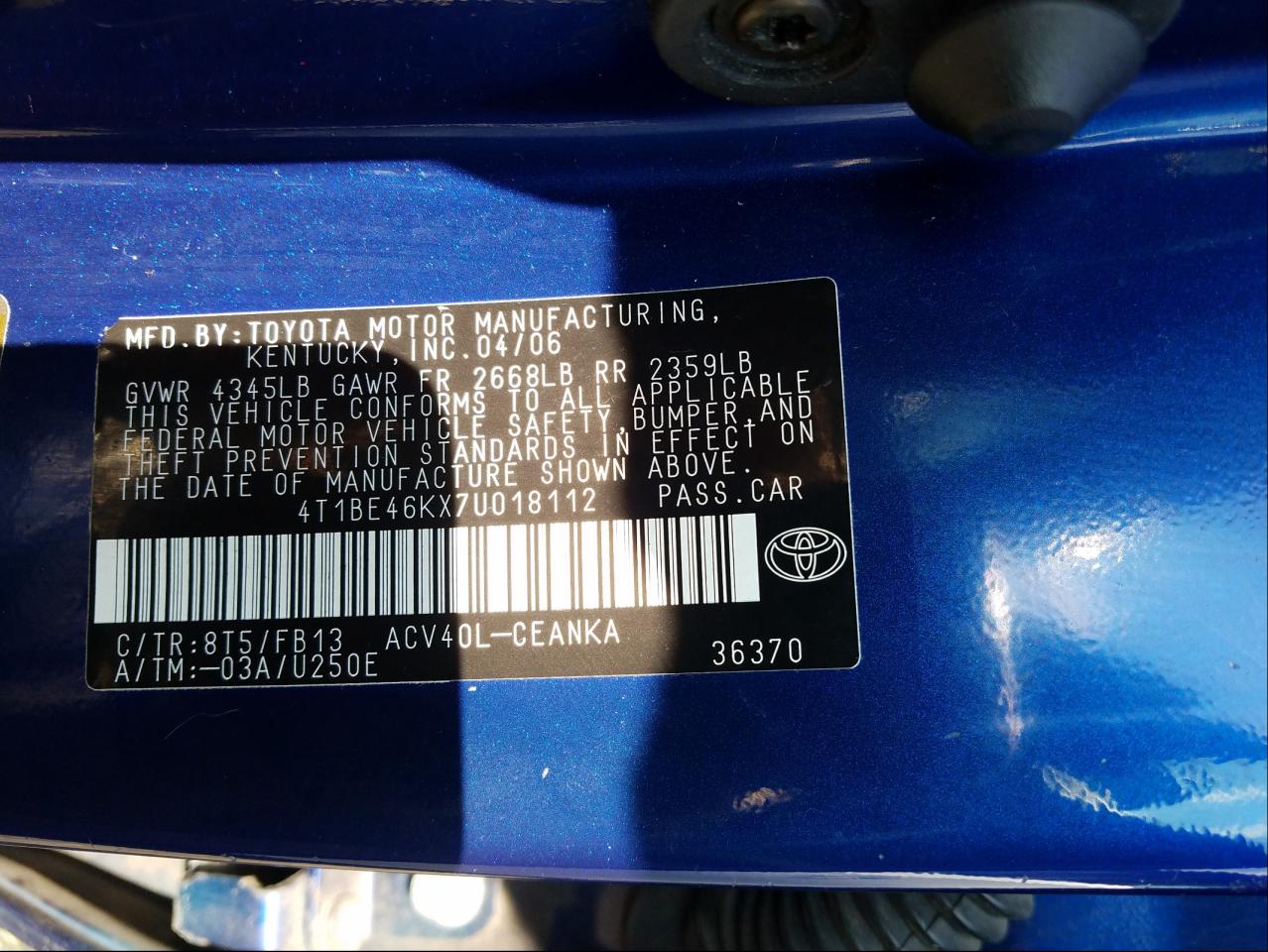 Photo 10 from auction – 2007 TOYOTA CAMRY CE with VIN 4T1BE46KX7U018112