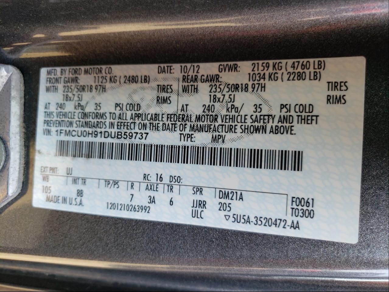 Photo 10 from auction – 2013 FORD ESCAPE SEL with VIN 1FMCU0H91DUB59737