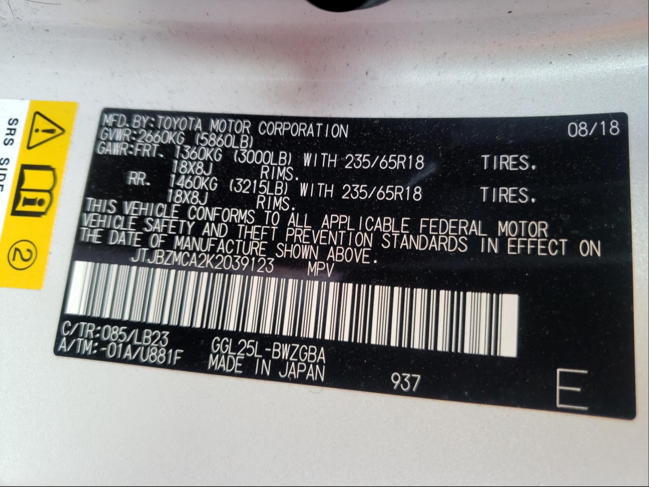 Photo 10 from auction – 2019 LEXUS RX 350 BAS with VIN JTJBZMCA2K2039123