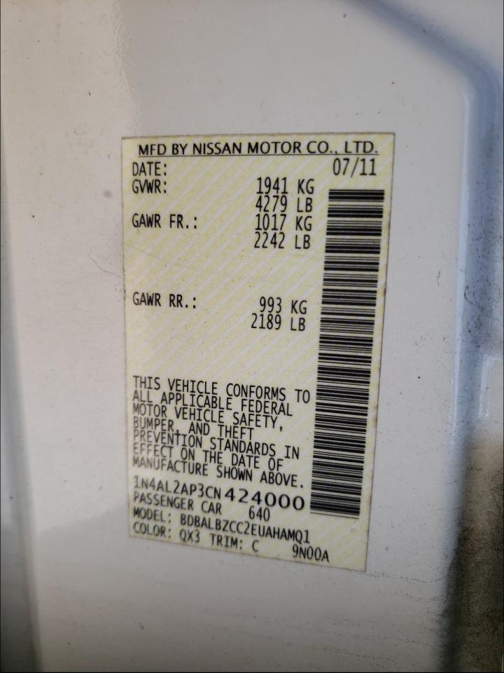 Photo 10 from auction – 2012 NISSAN ALTIMA BAS with VIN 1N4AL2AP3CN424000