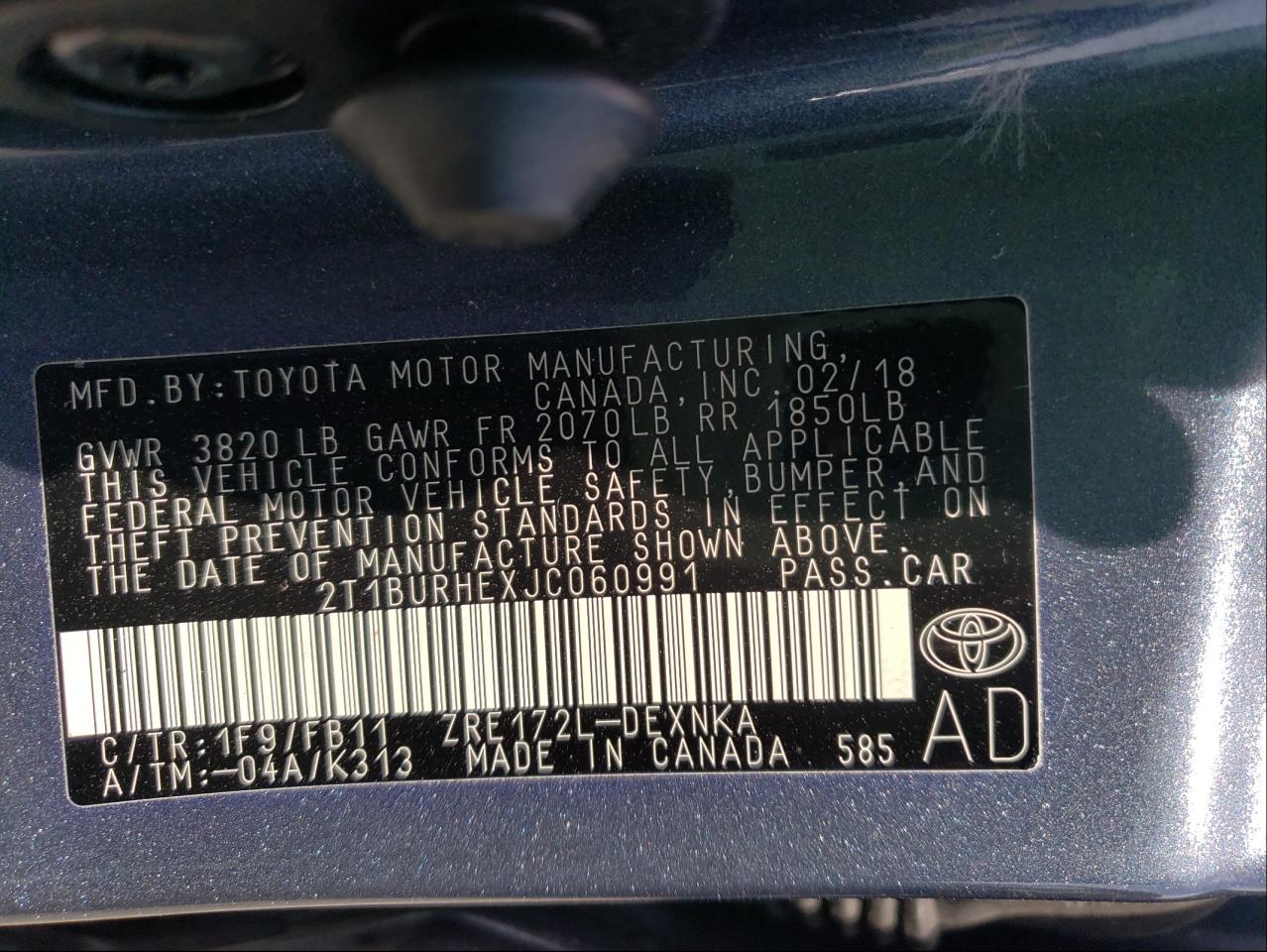 Photo 10 from auction – 2018 TOYOTA COROLLA L with VIN 2T1BURHEXJC060991