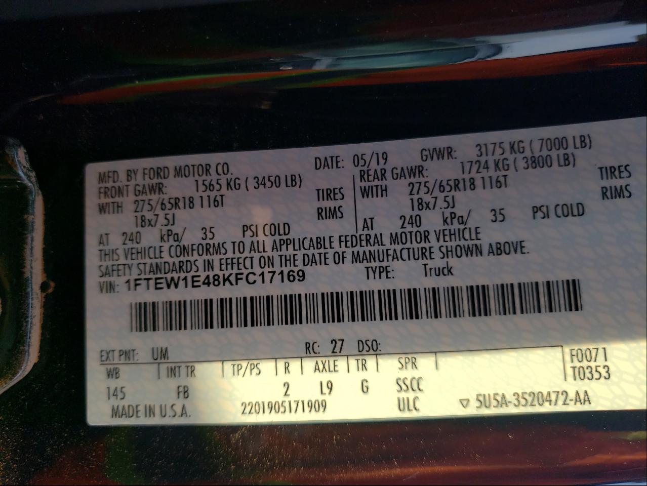 Photo 10 from auction – 2019 FORD F150 SUPER with VIN 1FTEW1E48KFC17169