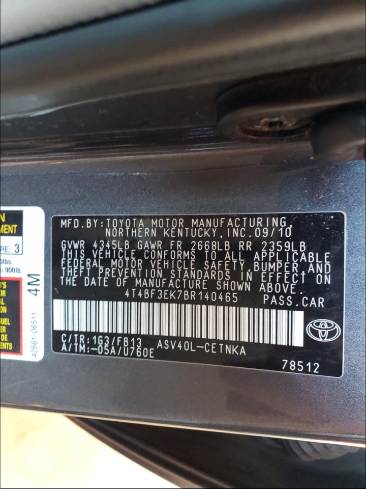 Photo 10 from auction – 2011 TOYOTA CAMRY BASE with VIN 4T4BF3EK7BR140465