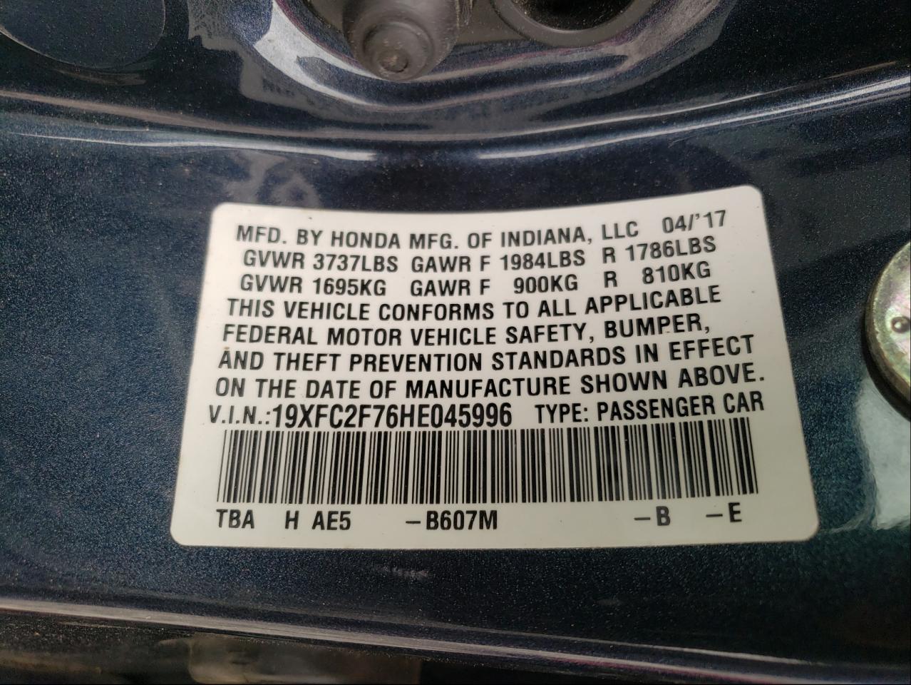 Photo 10 from auction – 2017 HONDA CIVIC EX with VIN 19XFC2F76HE045996