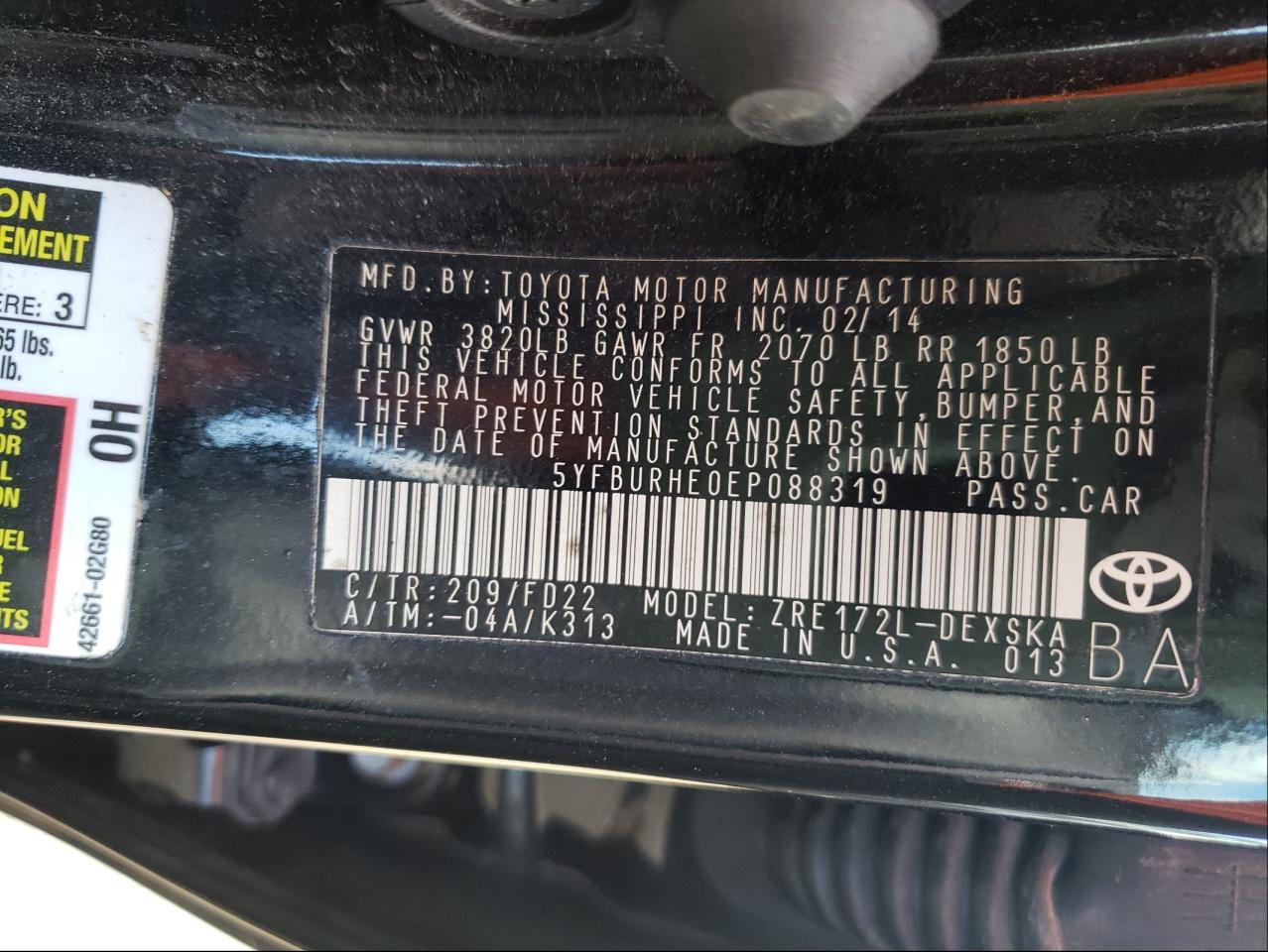 Photo 10 from auction – 2014 TOYOTA COROLLA L with VIN 5YFBURHE0EP088319