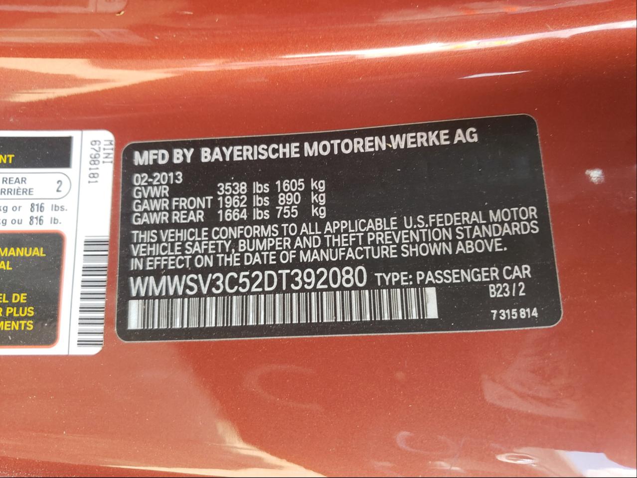 Photo 10 from auction – 2013 MINI COOPER S with VIN WMWSV3C52DT392080