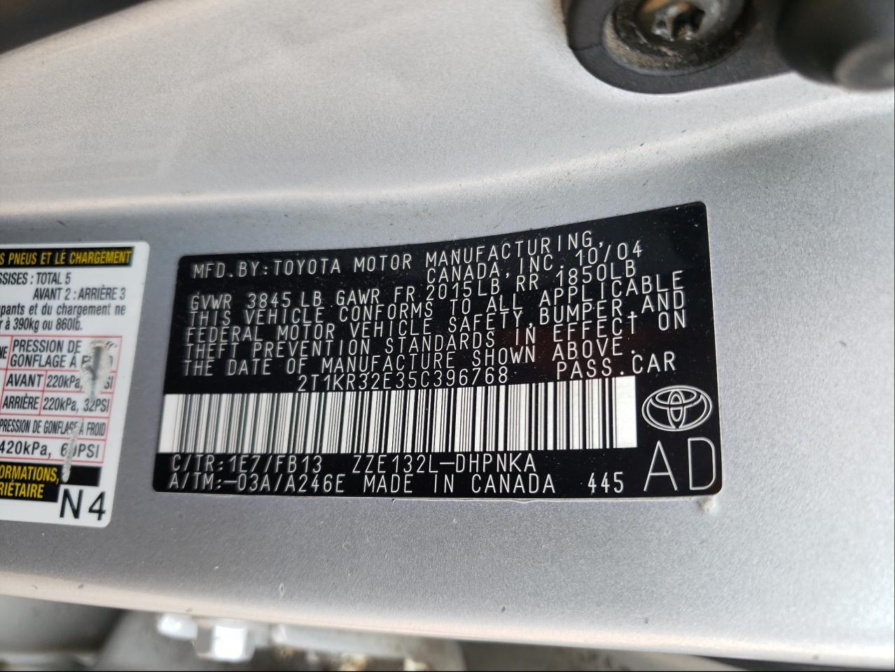 Photo 10 from auction – 2005 TOYOTA COROLLA MA with VIN 2T1KR32E35C396768