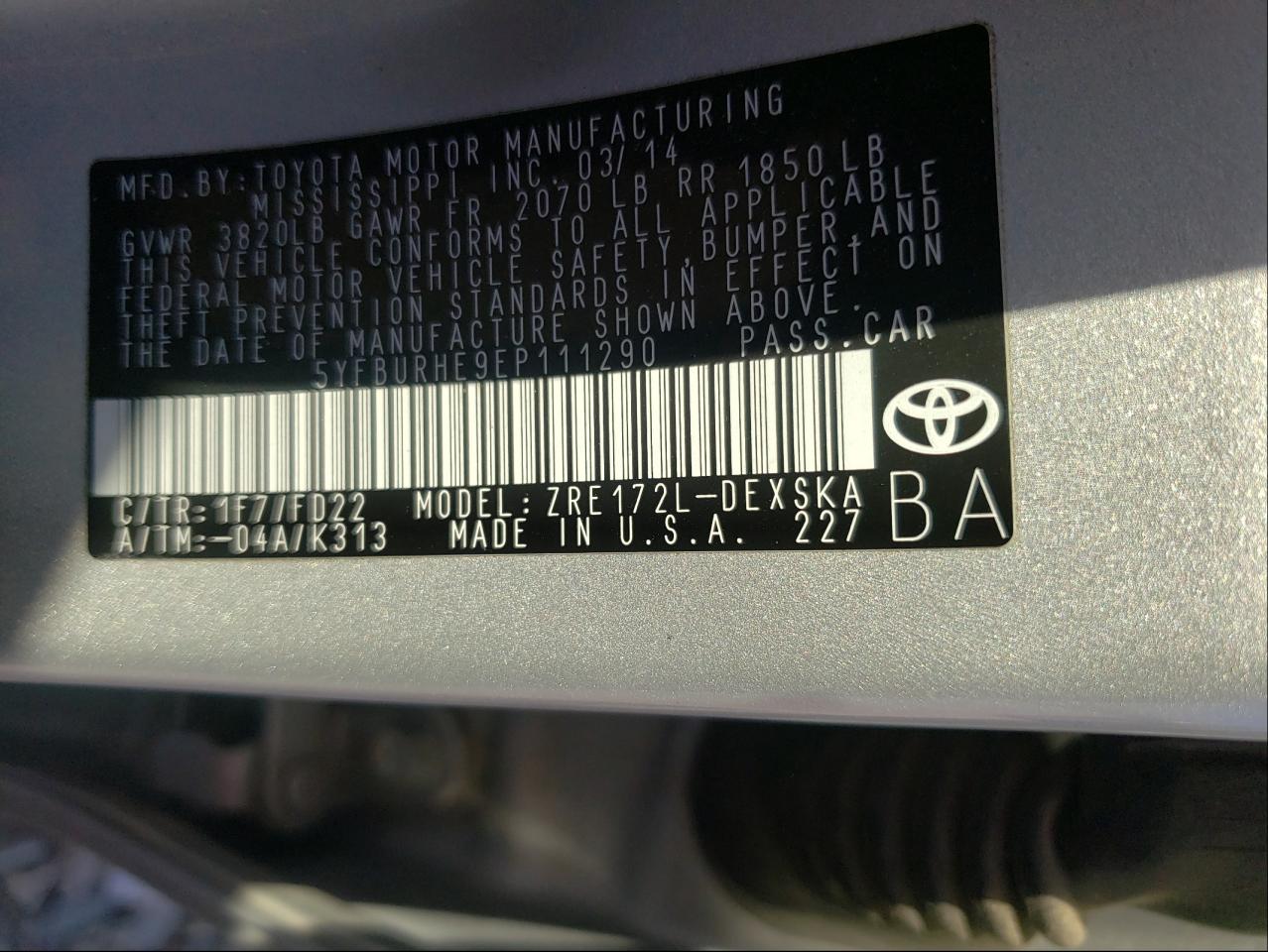 Photo 10 from auction – 2014 TOYOTA COROLLA L with VIN 5YFBURHE9EP111290