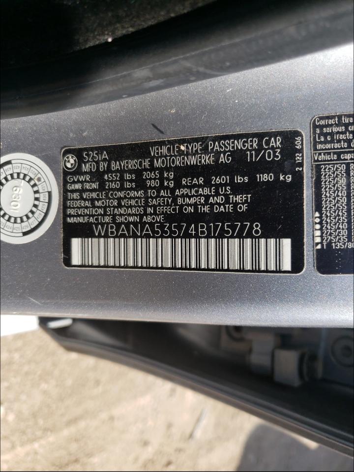 Photo 10 from auction – 2004 BMW 525 with VIN WBANA53574B175778