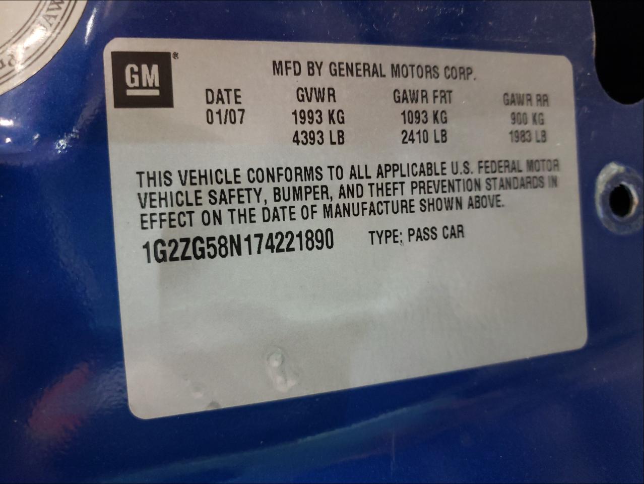 Photo 10 from auction – 2007 PONTIAC G6 BASE with VIN 1G2ZG58N174221890