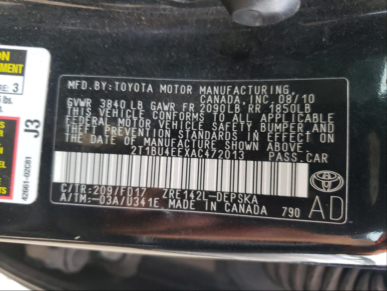 Photo 10 from auction – 2010 TOYOTA COROLLA BA with VIN 2T1BU4EEXAC472013