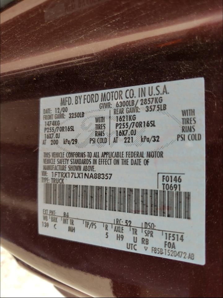 Photo 10 from auction – 2001 FORD F150 with VIN 1FTRX17LX1NA88357
