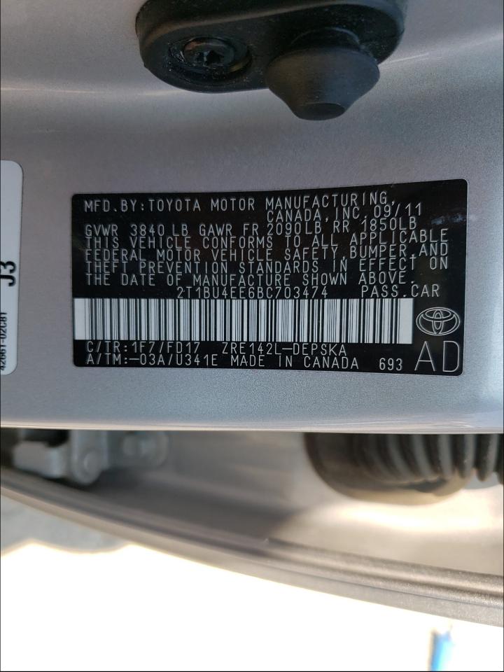 Photo 10 from auction – 2011 TOYOTA COROLLA BA with VIN 2T1BU4EE6BC703474