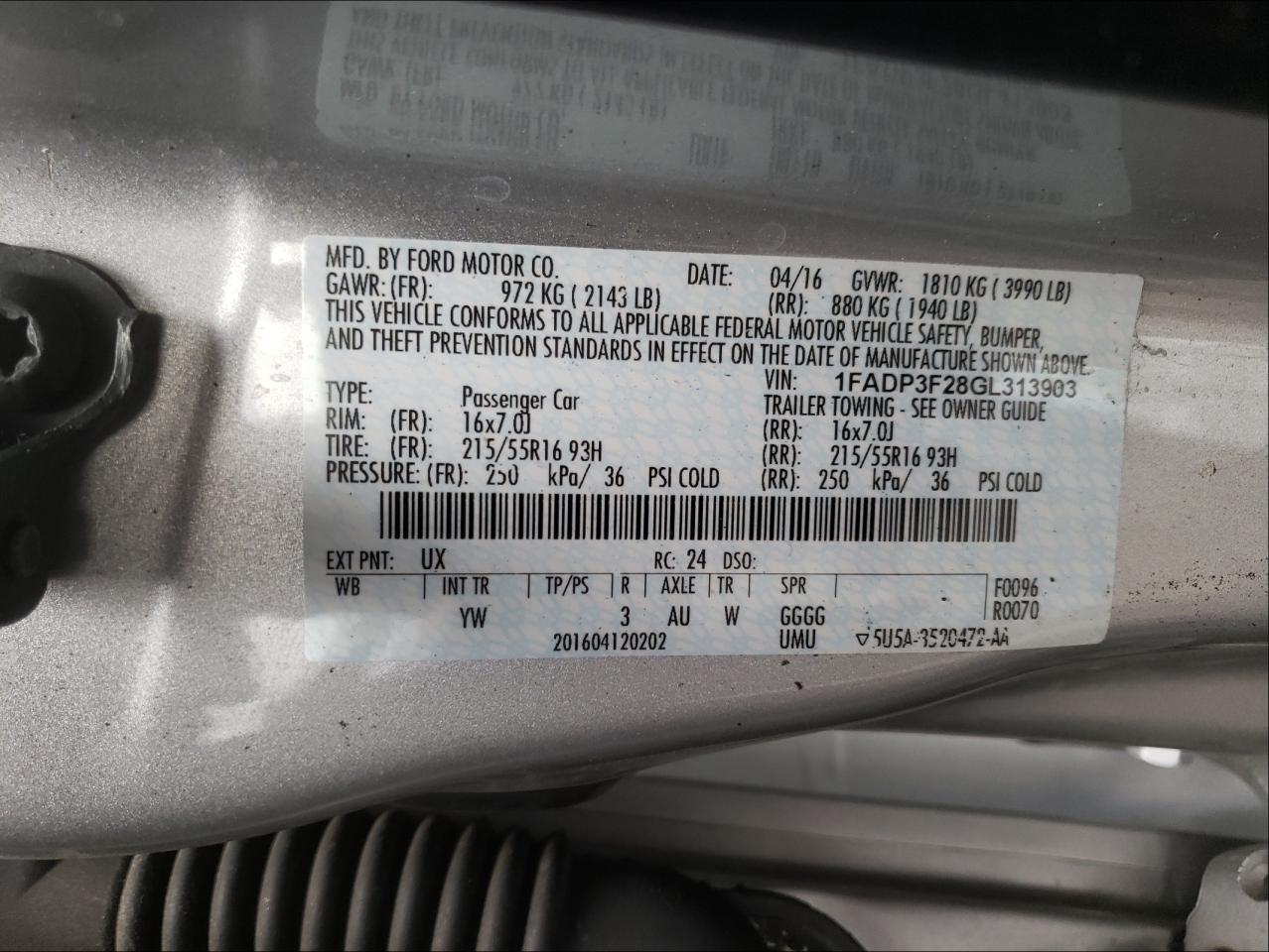 Photo 10 from auction – 2016 FORD FOCUS SE with VIN 1FADP3F28GL313903