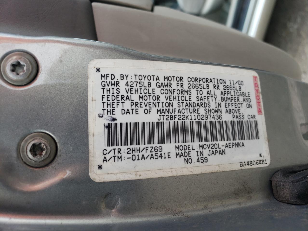 Photo 10 from auction – 2001 TOYOTA CAMRY CE with VIN JT2BF22K110297436