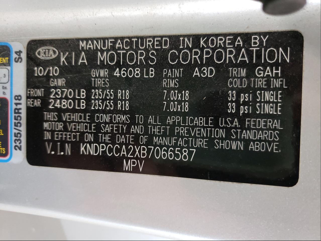 Photo 10 from auction – 2011 KIA SPORTAGE E with VIN KNDPCCA2XB7066587