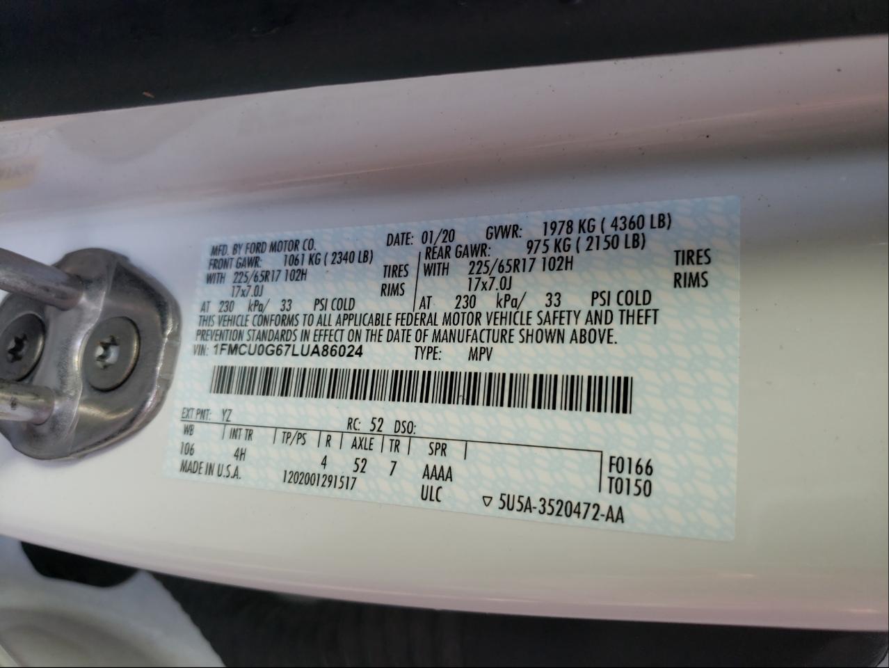 Photo 10 from auction – 2020 FORD ESCAPE SE with VIN 1FMCU0G67LUA86024
