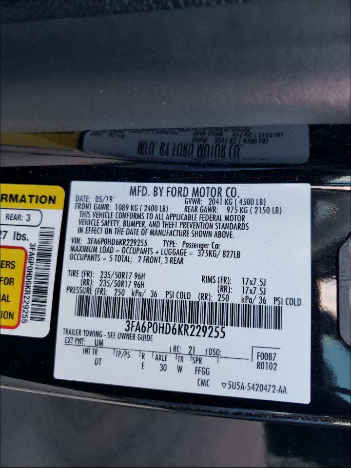 Photo 10 from auction – 2019 FORD FUSION SE with VIN 3FA6P0HD6KR229255