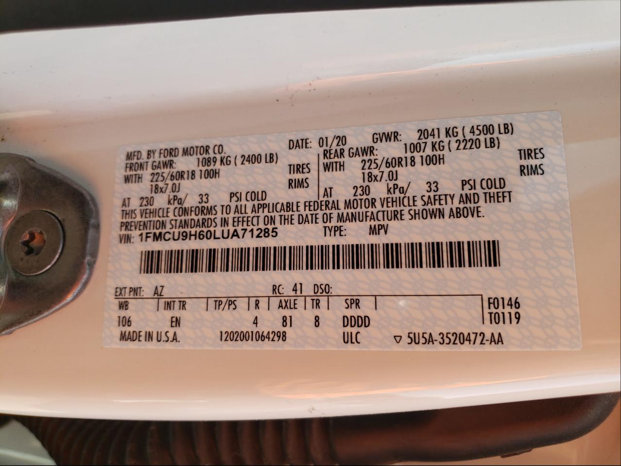 Photo 10 from auction – 2020 FORD ESCAPE SEL with VIN 1FMCU9H60LUA71285