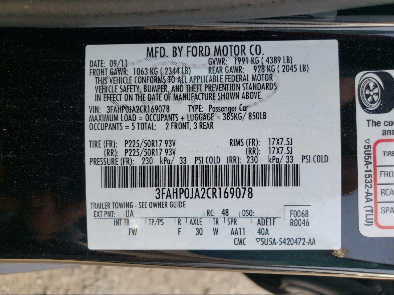 Photo 10 from auction – 2012 FORD FUSION SEL with VIN 3FAHP0JA2CR169078
