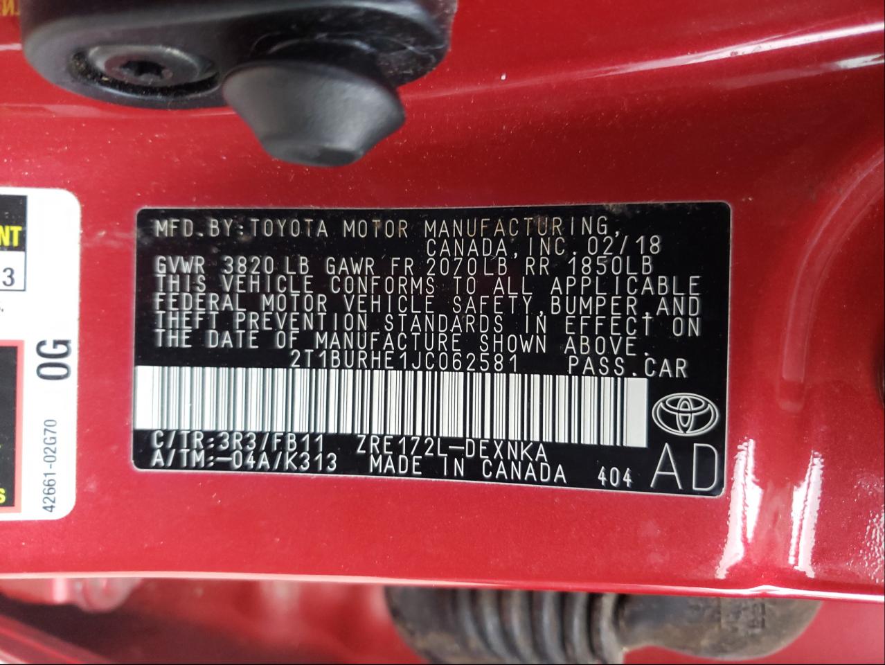 Photo 10 from auction – 2018 TOYOTA COROLLA L with VIN 2T1BURHE1JC062581