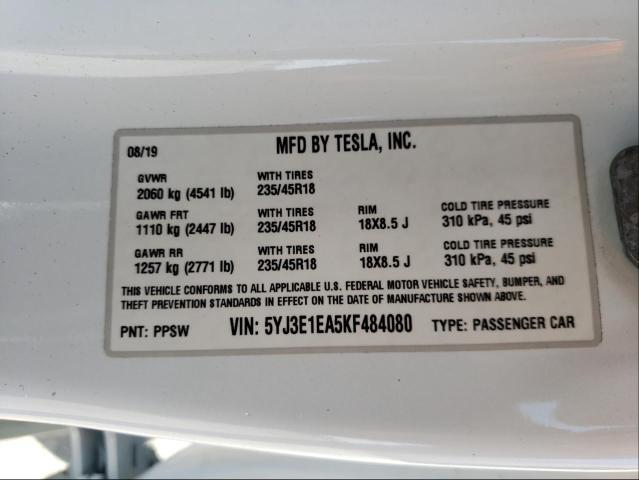 Photo 10 from auction – 2019 TESLA MODEL 3 with VIN 5YJ3E1EA5KF484080