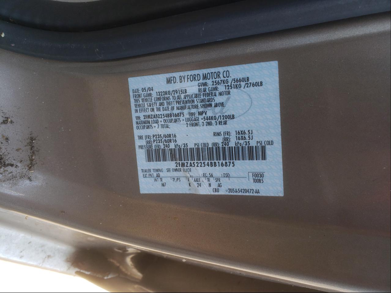 Photo 10 from auction – 2004 FORD FREESTAR S with VIN 2FMZA52254BB16875