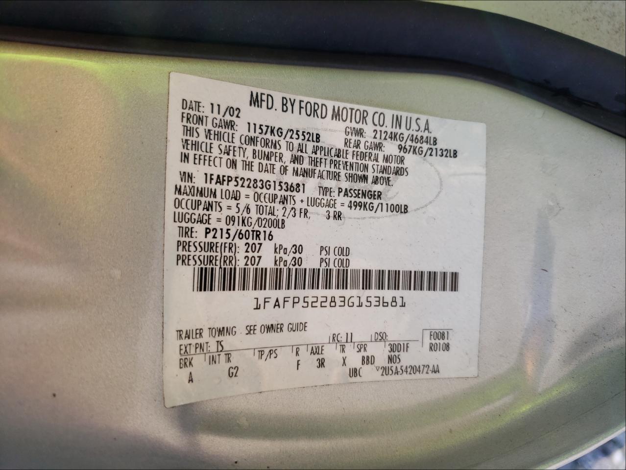 Photo 10 from auction – 2003 FORD TAURUS LX with VIN 1FAFP52283G153681
