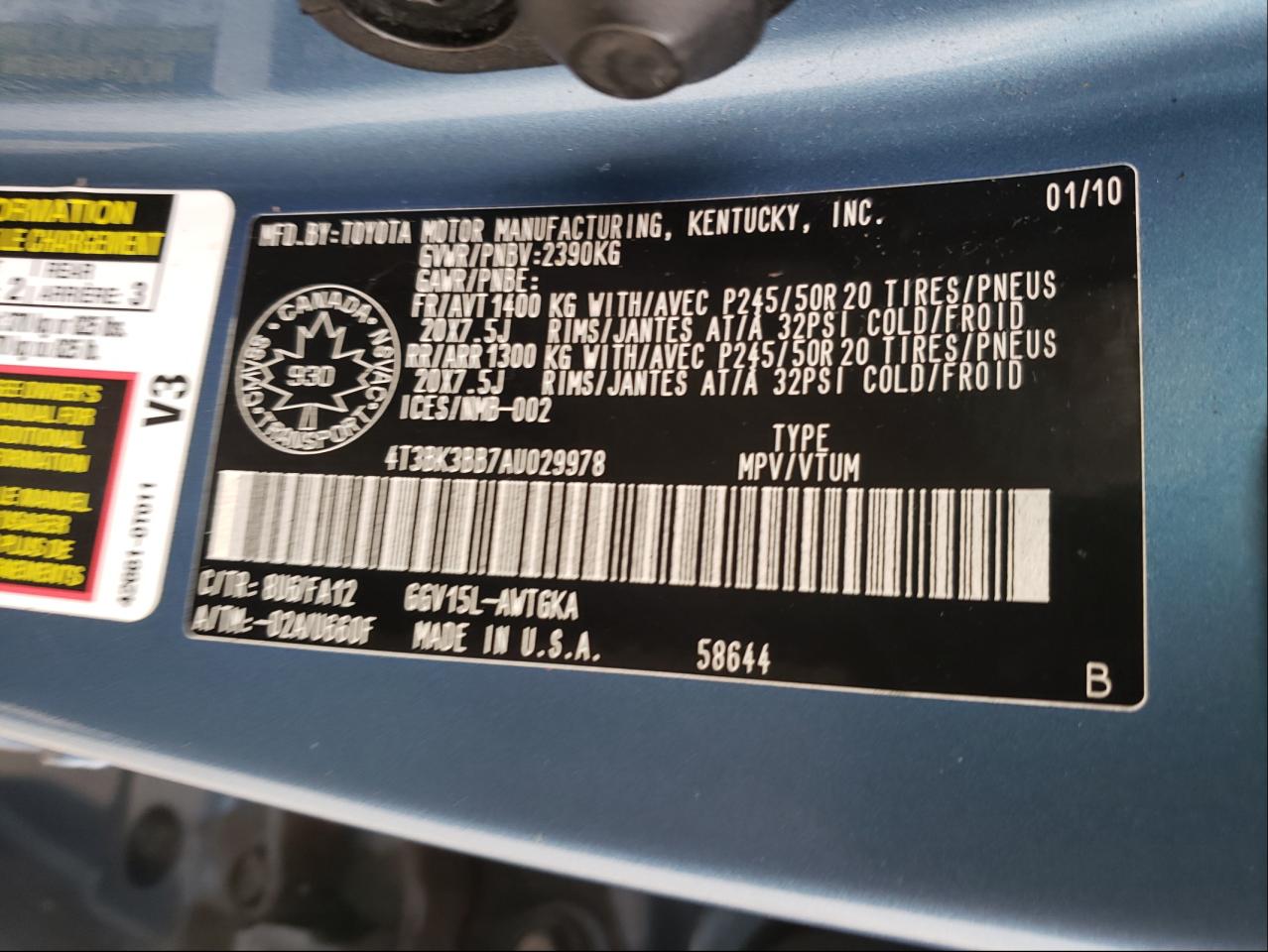 Photo 10 from auction – 2010 TOYOTA VENZA with VIN 4T3BK3BB7AU029978