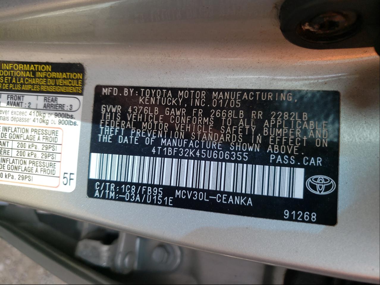 Photo 10 from auction – 2005 TOYOTA CAMRY LE with VIN 4T1BF32K45U606355
