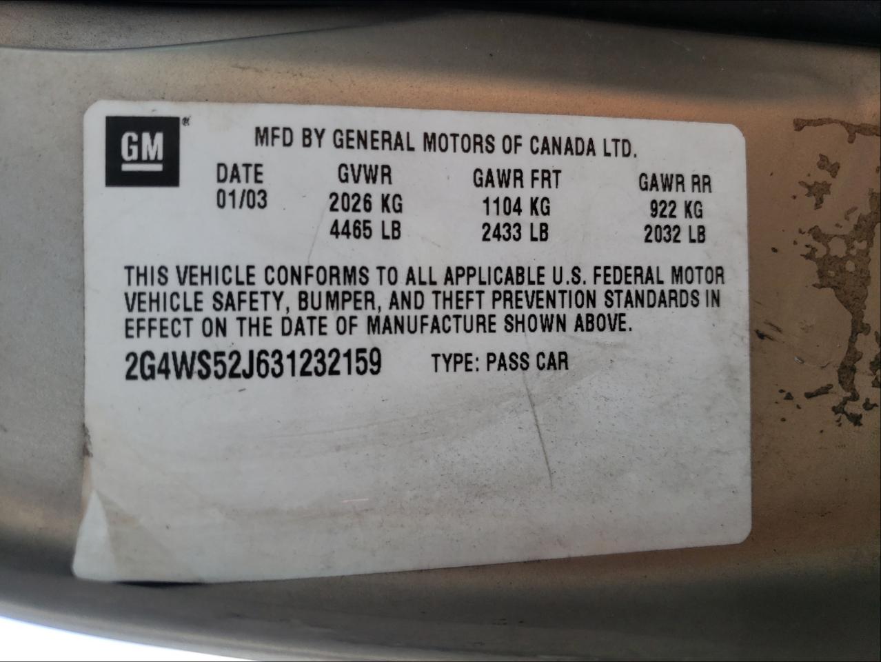 Photo 10 from auction – 2003 BUICK CENTURY CU with VIN 2G4WS52J631232159