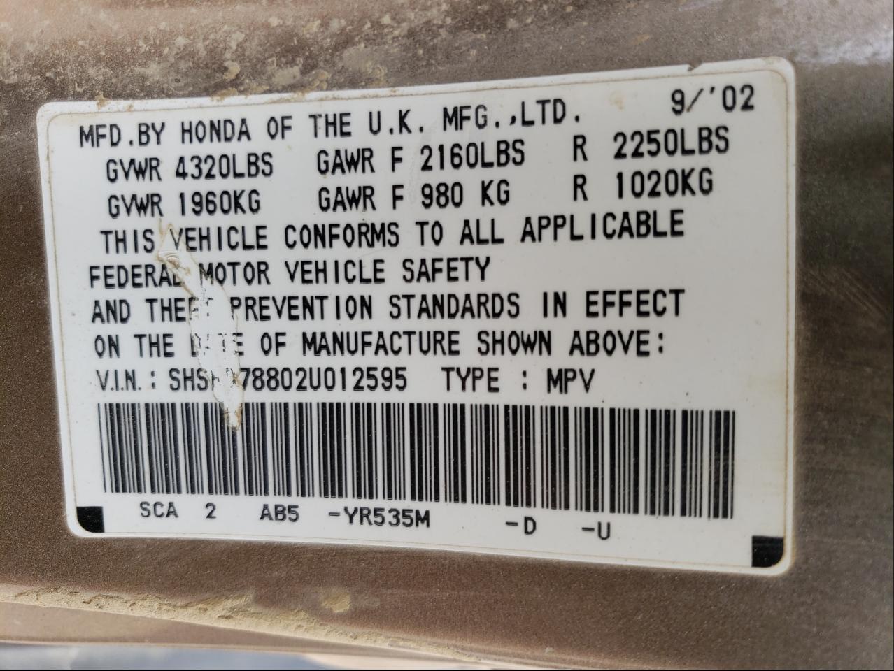 Photo 10 from auction – 2002 HONDA CR-V EX with VIN SHSRD78802U012595